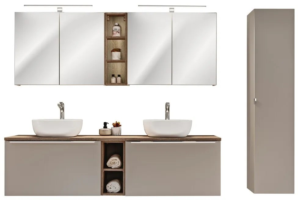 Kúpeľňová zostava SantaFe s doskou, umývadlami, zrkadlami a skrinkami 180 cm sivo-hnedá/dub santa fe retro