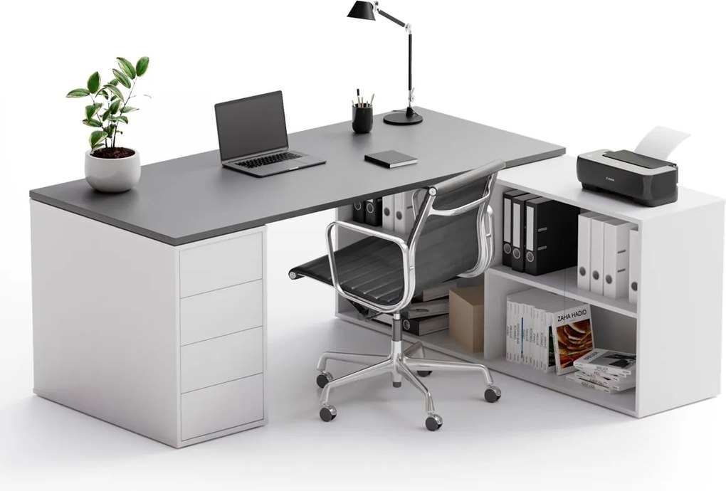 Kancelársky písací stôl s úložným priestorom BLOCK B04, 180x160 cm, biela/grafit