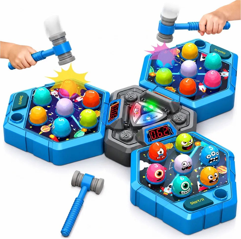 LEAN Toys Obratnostná hra Whack-A-Mole s postavičkami pre 3 hráčov, 3 režimy, svietiace kladivká
