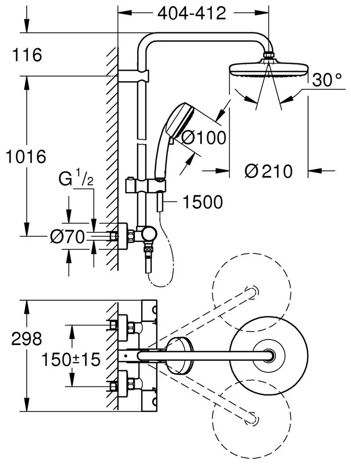 GROHE Tempesta Cosmopolitan System 210 - Sprchový systém s termostatom na stenu, chróm 26302001