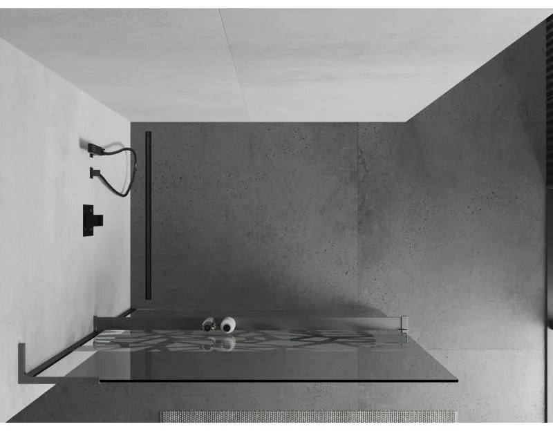 Mexen Kioto+ L, sprchová zástena Walk-In s poličkou a vešiakom 120 x 200 cm, 8mm číre sklo biely vzor, grafitový profil, 800-120-123-95-85