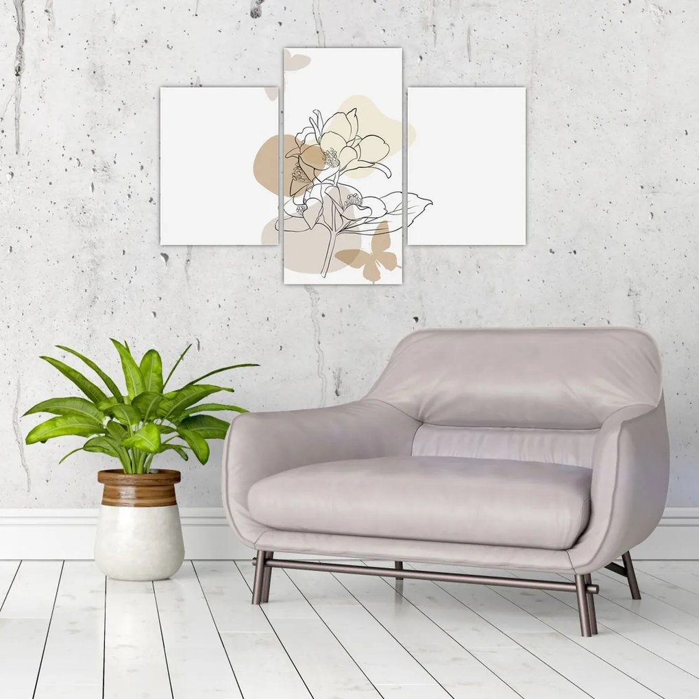 Obraz - Béžové kvety s motýľom N⁰1 (90x60 cm)