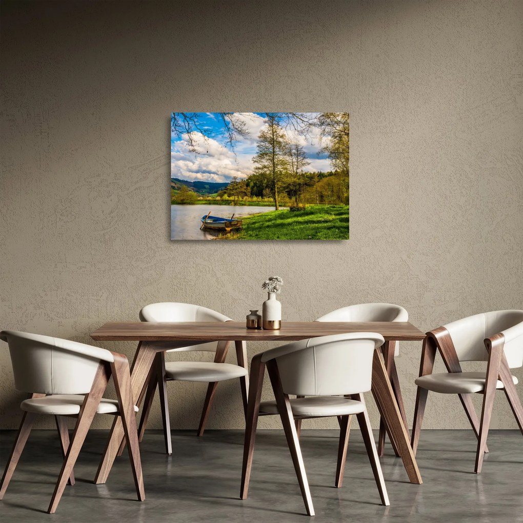 Sklenený obraz loďky pri jazere (70x50 cm)