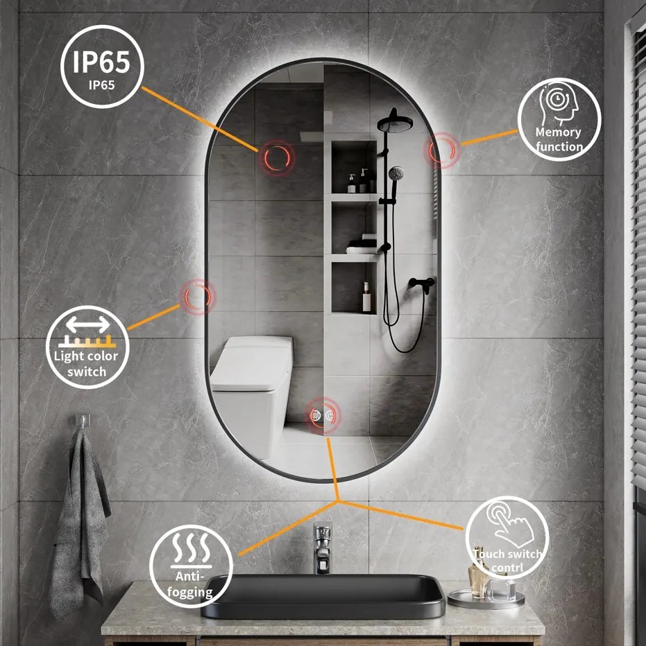Erga Freya, oválne LED zrkadlo 50x90cm v čiernom kovovom ráme, 3 farby svetla, zadné osvetlenie, vyhrievacia podložka proti zapareniu, ERG-V01-FREYA-5090-BK