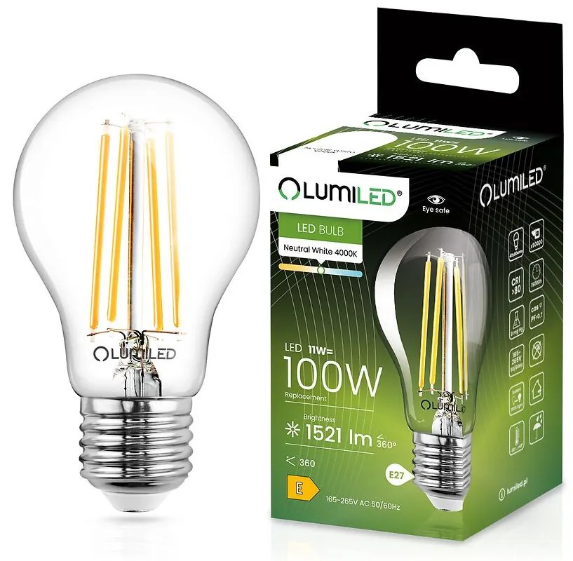 Žiarovka LED A60 FIL CL 11W 100W E27 1521LM 84