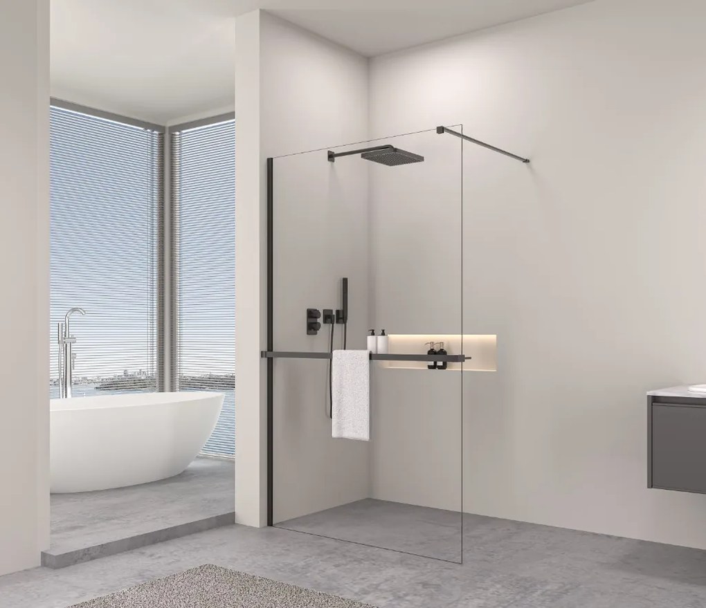 Erga Paris, sprchová zástena Walk-In 140x200 cm, 8mm číre sklo, čierny profil, ERG-V02-PARIS-140x200-CL-BK