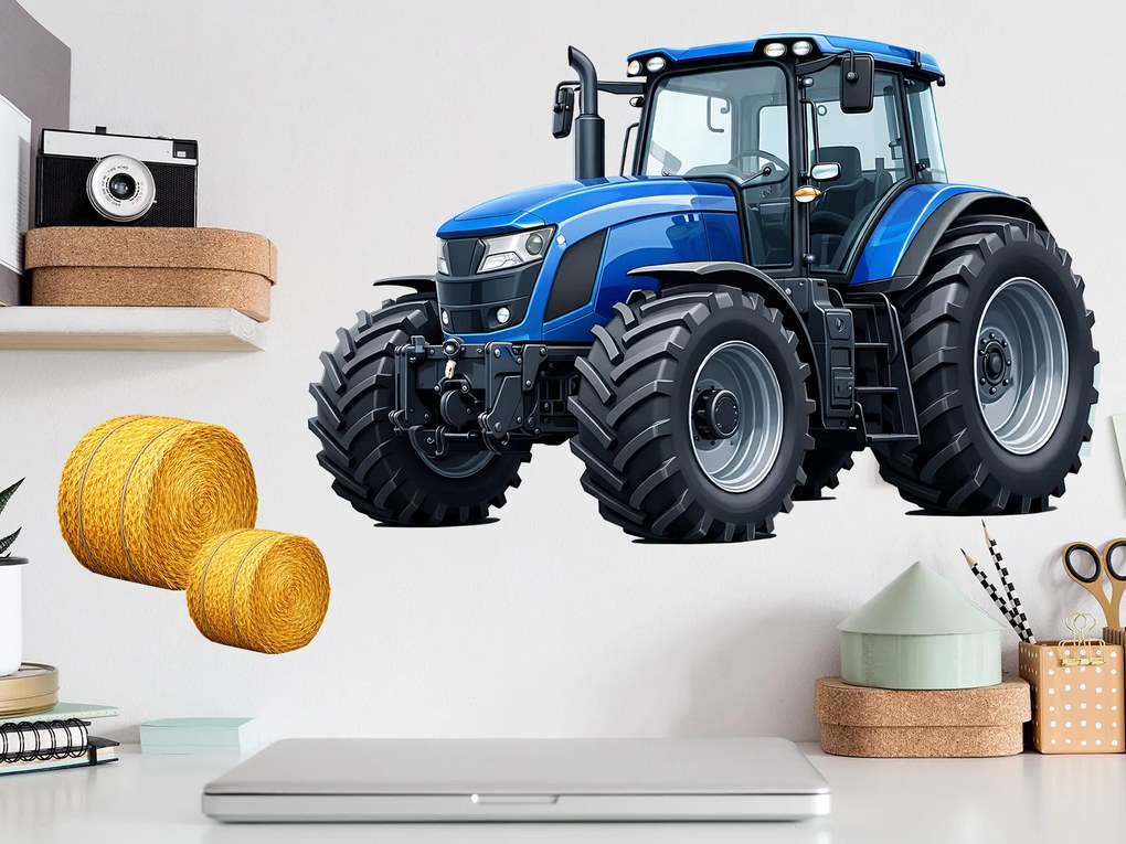 Modrý traktor textilní prelepiteľná nálepka na stenu hárok 46 x 30 cm
