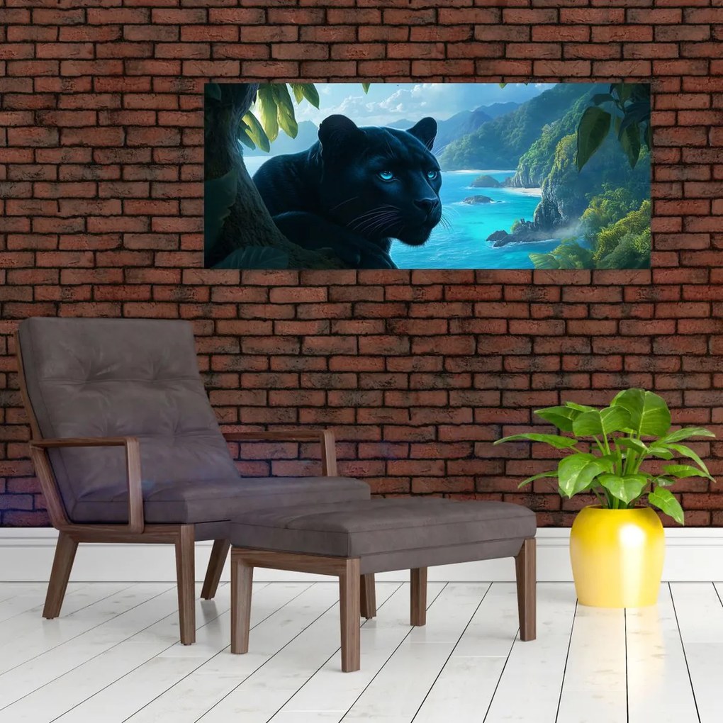 Obraz - Čierny panter v džungli (120x50 cm)