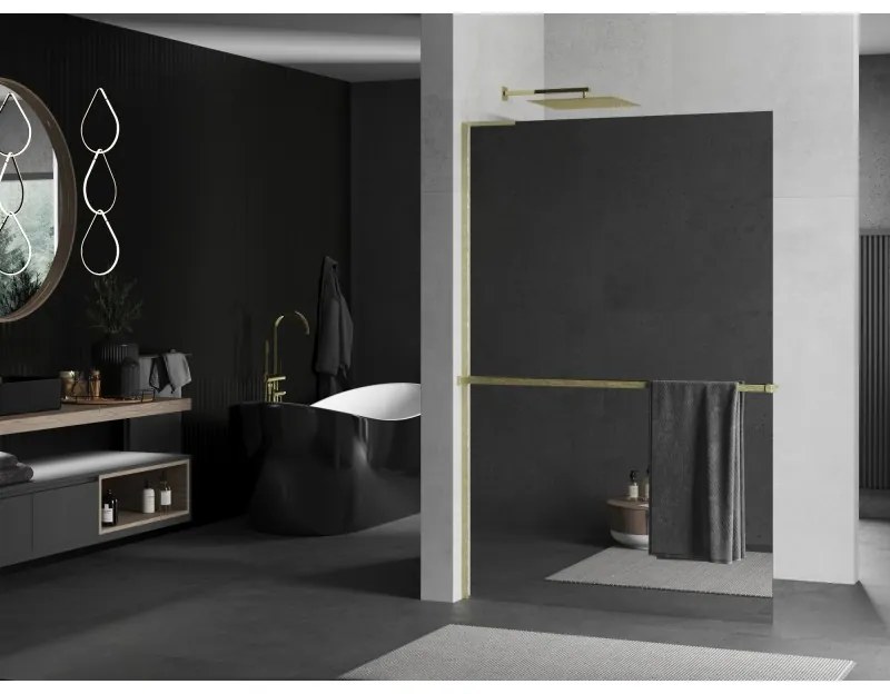Mexen Kioto+ L, sprchová zástena Walk-In s poličkou a vešiakom 80 x 200 cm, 8mm sklo vzor zrkadlo, zlatý matný profil, 800-080-123-55-50