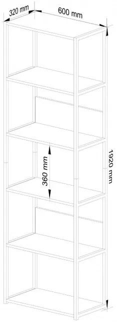 Kovový regál 60 cm, 6 políc, čierny / dub craft