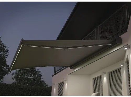 Kazetová markíza 5 x 3 m sivá s elektrickým pohonom a LED osvetlením