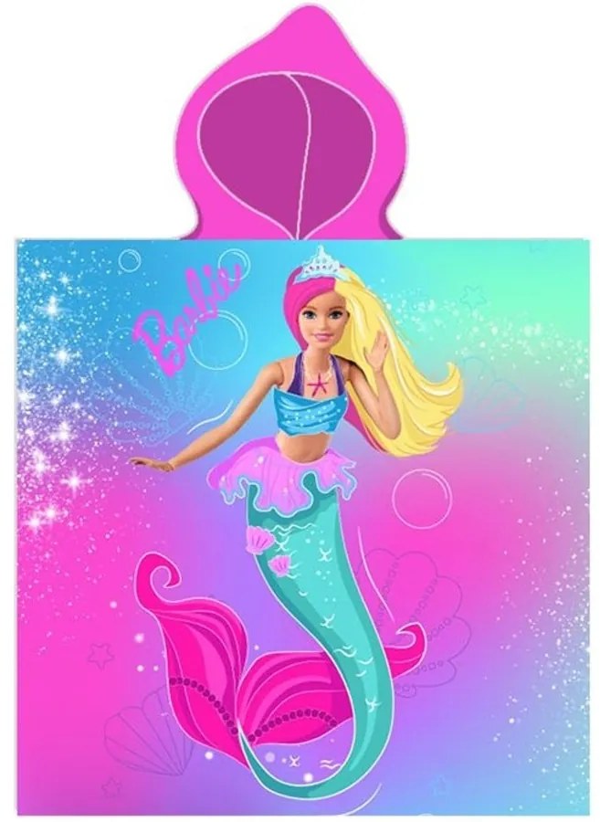 Dievčenské plážové pončo - osuška s kapucňou Barbie - motív Morská panna - 50 x 115 cm