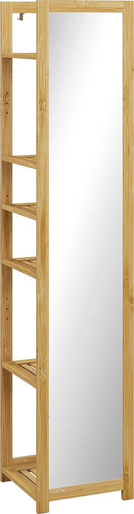 HOMCOM Kúpeľňová Stĺpová Skrinka so Zrkadlom a 6 Poličkami v Prírodnom Bambuse, 35Š x 35H x 168V cm | Aosom