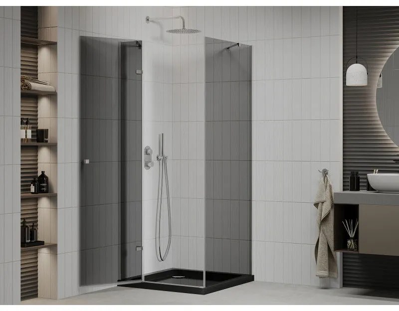 Mexen Roma, sprchový kút s krídlovými dverami 80 (dvere) x 80 (stena) cm, 6mm šedé sklo, chrómový profil + slim sprchová vanička čierna + chrómový sifón, 854-080-080-01-40-4070