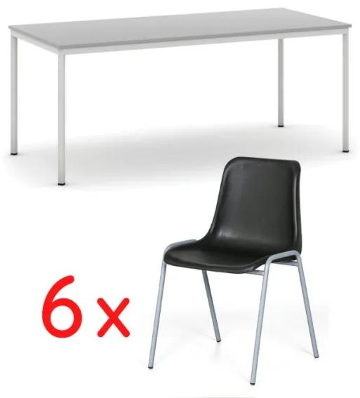 Jedálenský stôl, sivý 1800x800 + 6 jedálenských stoličiek AMADOR, čierna