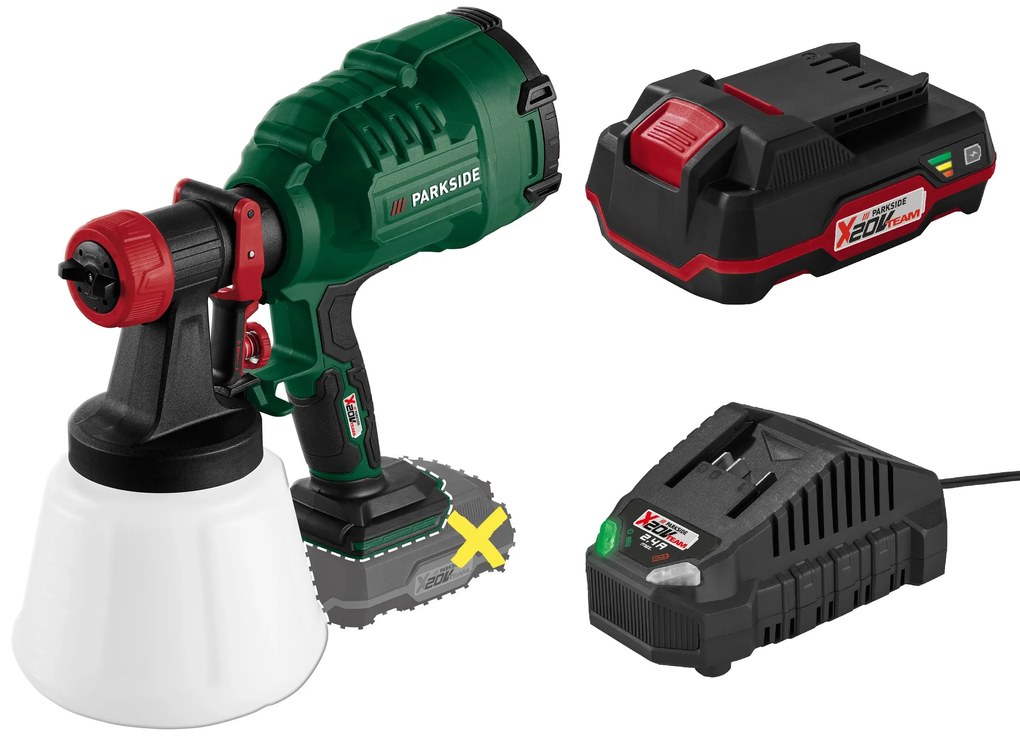 Parkside® Aku striekacia pištoľ na farbu Pfsa 20-Li B2 + Akumulátor 20 V 2 Ah + Nabíjačka na akumulátor 20 V/2,4 A (800011749)