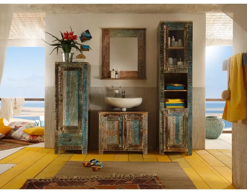 furniture-nabytek.cz - Masívna kúpeľňová vysoká komoda Blue Lagoon z mangového dreva, lakovaná, farebná – 50×45×135 cm