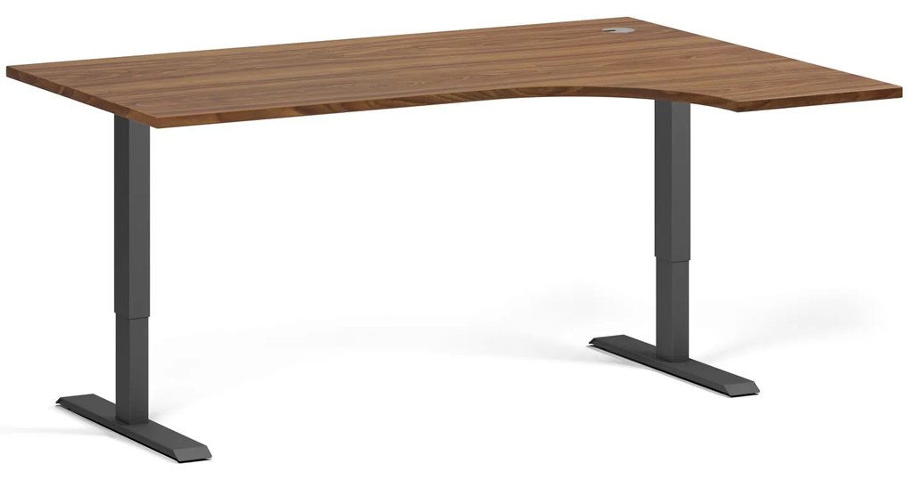 Rohový výškovo nastaviteľný stôl, 160x120 cm, 2 motory, L/P, čierna podnož, orech