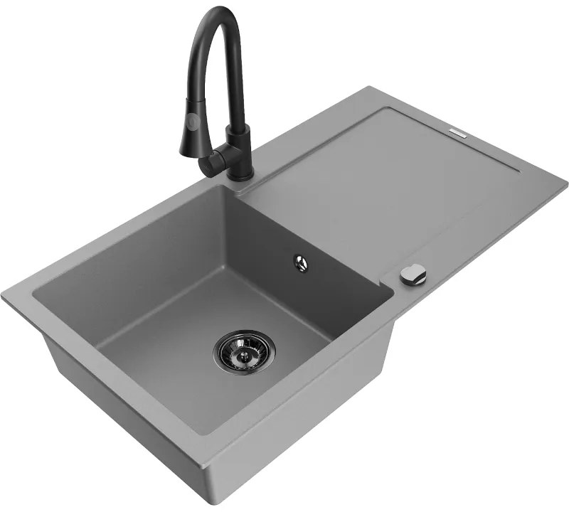 Mexen Leo, 1-komorový granitový drez 900x500x190 mm a drezová batéria Elia, šedá, 6501-71-670101-70-B