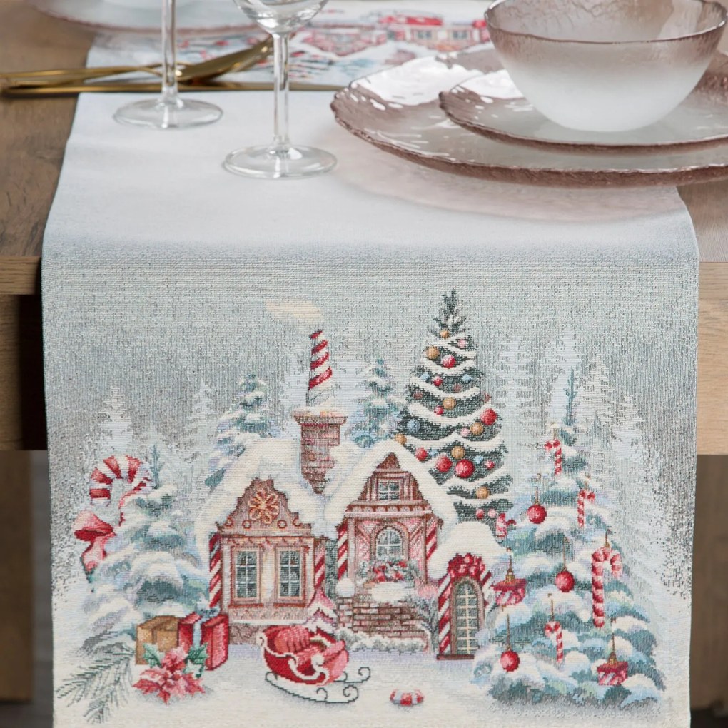 VIANOČNÝ GOBELÍNOVÝ BEHÚŇ NA STÔL NOELVILLE 40X100 CM VZOROVANÝ