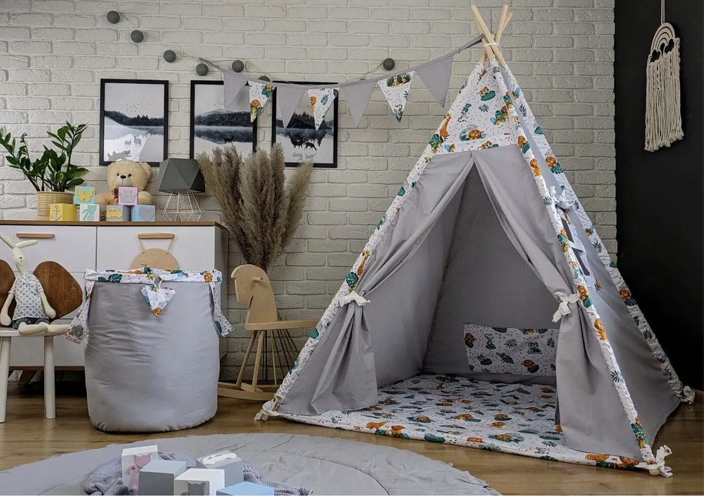 Detský stan TEEPEE (TÝPIE) ANIMALS s doplnkami - JUNGLE - šedý