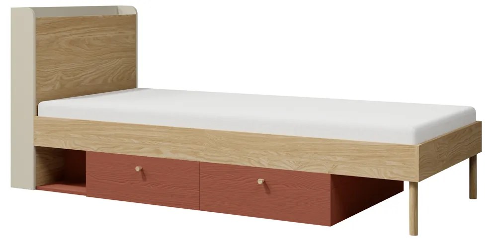 Jednolôžková posteľ 90x200 cm Yoda 13 (svetlobéžová + dub olejovaný + korálová) (L). Akcia -19%. Vlastná spoľahlivá doprava až k Vám domov. 1087362