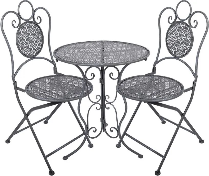 Sivý záhradný kovový Bistro set stôl a 2 stoličky - Ø 60*71 / 50*40*93 cm