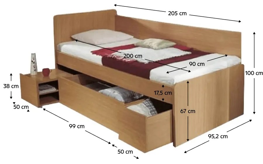 Kondela Posteľ s úložným priestorom, buk, 90x200, OTO