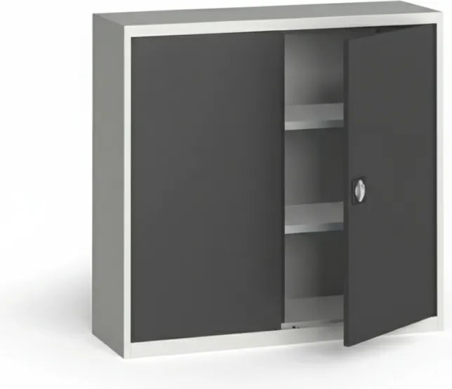 Plechová policová skriňa na náradie KOVONA, 1150 x 1200 x 400 mm, 2 police, sivá/tmavo sivá