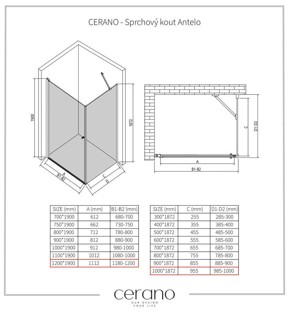 CERANO - Sprchovací kút Antelo L/P - čierna matná, transparentné sklo - 120x100 cm - krídlový, CER-CER-482236