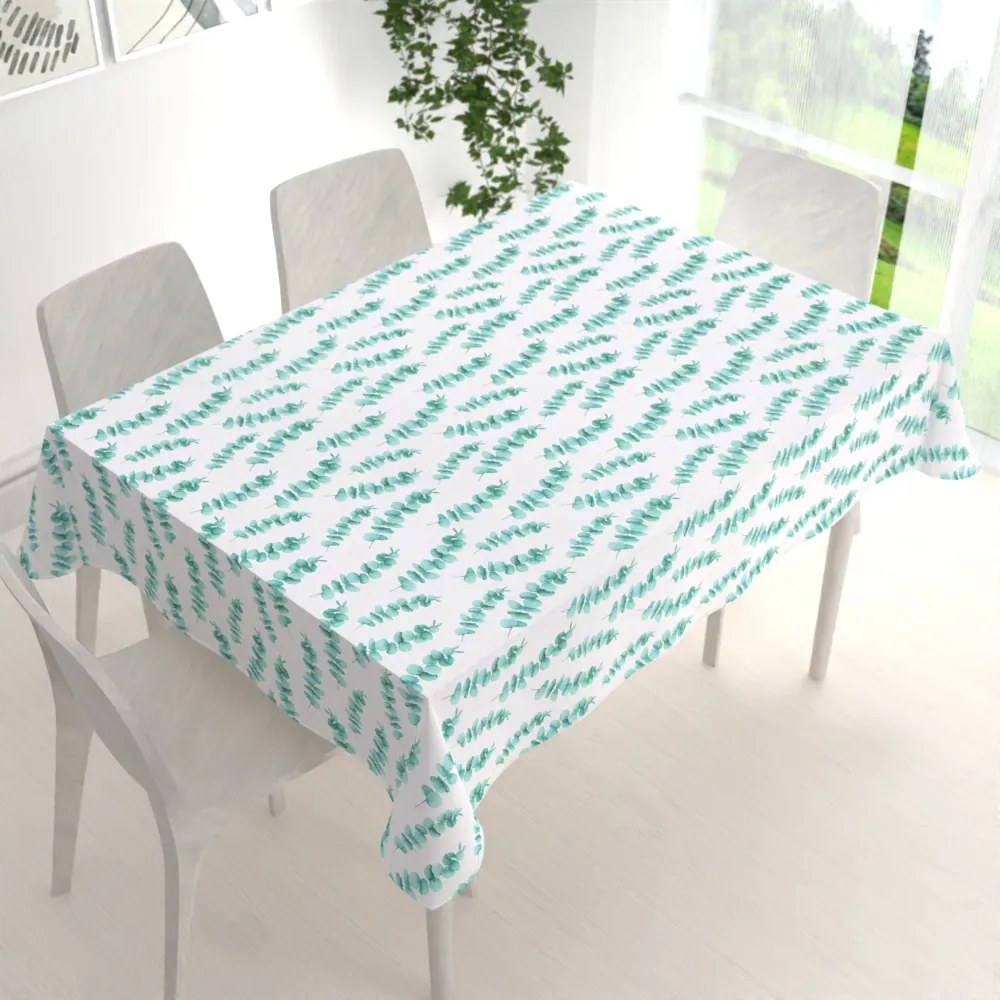 Biante Teflónový obdĺžnikový obrus TF-089 Tyrkysové listy eukalyptu na bielom 80x120 cm