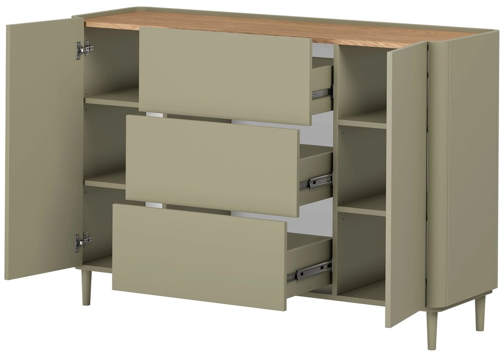 Komoda so zásuvkami Elivo 150 cm na nožičkách - eukalyptus / dub baltic dune