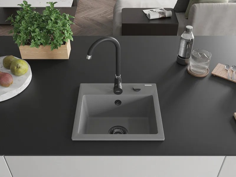 Mexen Milo, granitový drez 435x410x171 mm, 1-komorový, šedá s čiernym sifónom, 6505441000-71-B