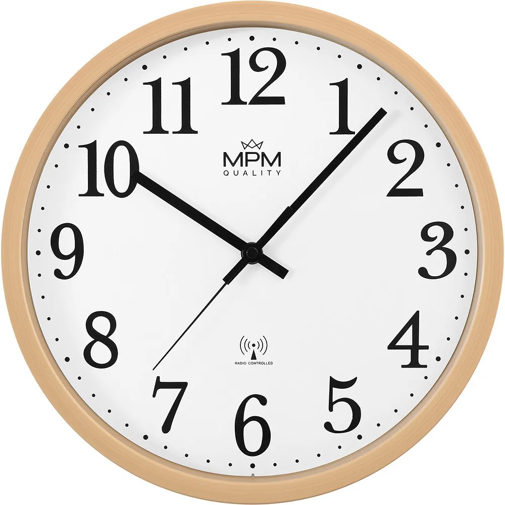 Rádiom riadené tiché nástenné hodiny MPM Radio Clermont E01.4503.50 – imitácia dreva, 31 cm