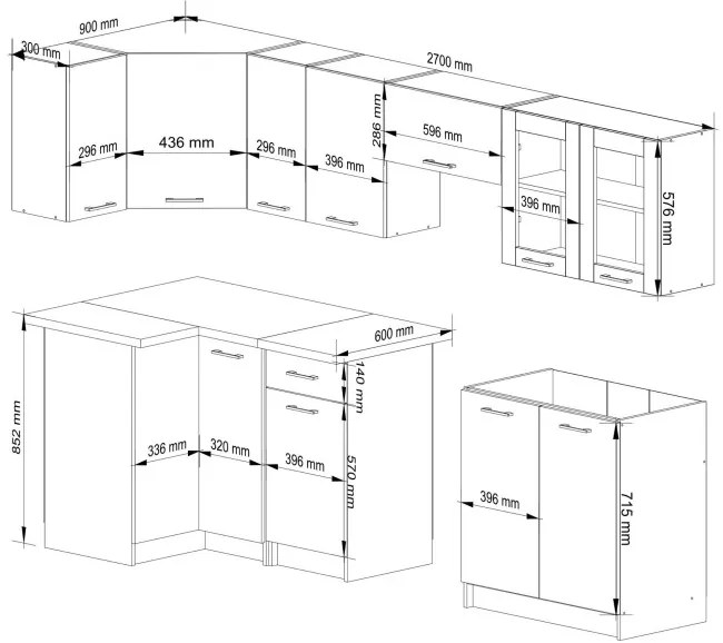 Rohová kuchynská linka OLIVIA 3 m s vitrínou biela