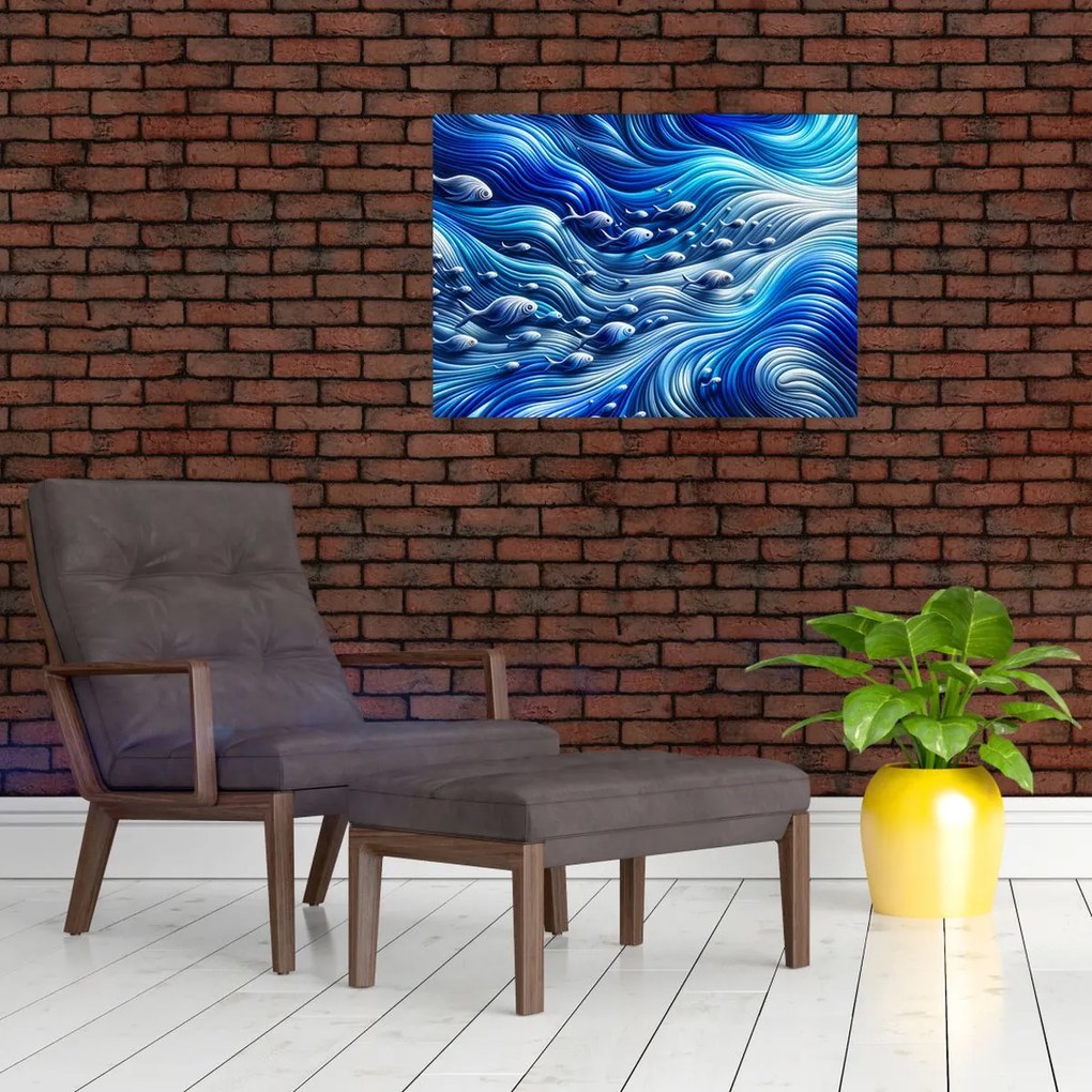 Sklenený obraz – Ryby vo vlnách (70x50 cm)