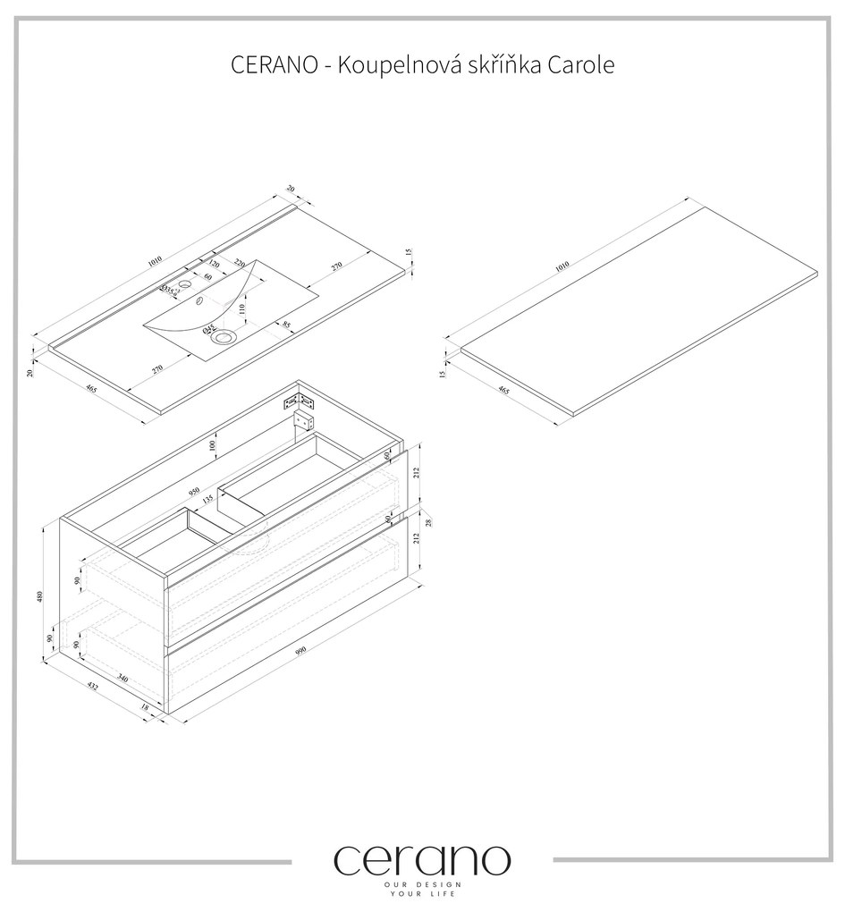 CERANO - Kúpeľňová skrinka Carole s doskou pod umývadlo - biela matná - 100x49,8x46 cm