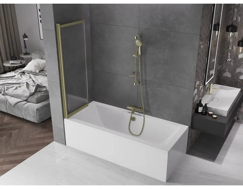 Mexen Fox, 2-krídlová posuvná vaňová zástena 100 × 150 cm, 5mm číre sklo, zlatý matný profil, 891-100-002-55-00