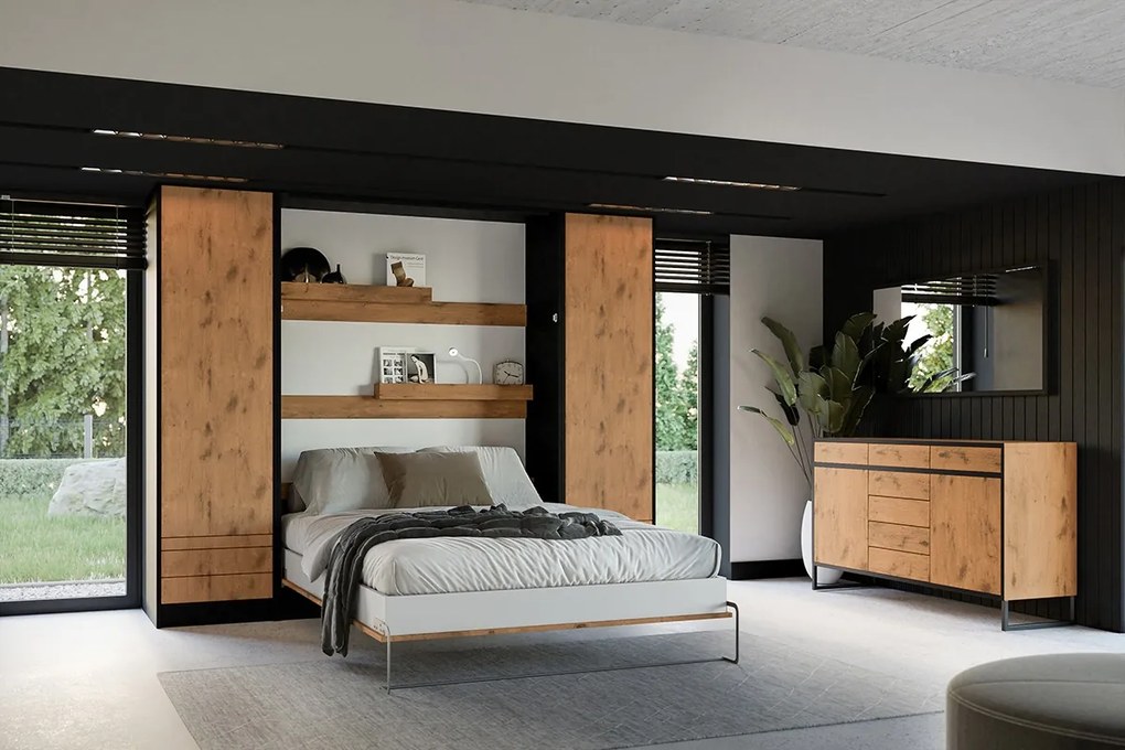 Moderný polohovací nábytok 160x200 vertikálny - čierny / dub lancelot