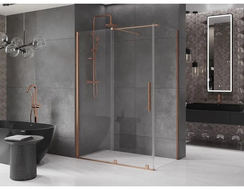 Mexen Velar, sprchový kút s posuvnými dverami 150(dvere) x 75(stena) cm, 8mm číre sklo, medená matná, 871-150-075-01-65
