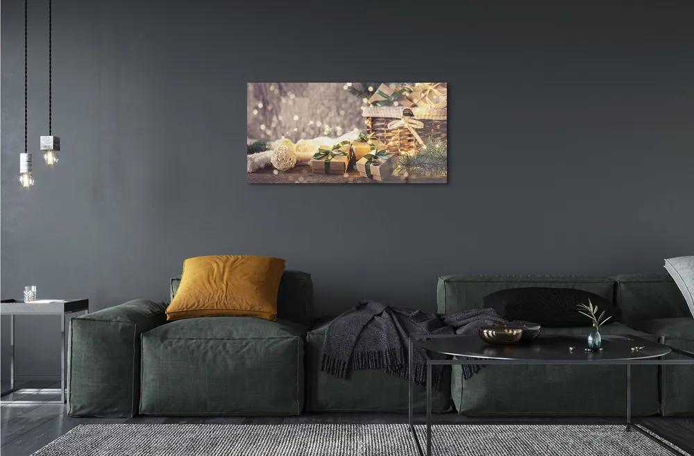 Sklenený obraz Darčeky vetvičky ozdoby 100x50 cm