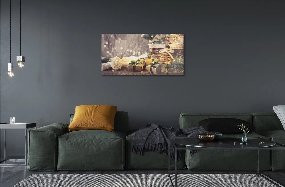 Sklenený obraz Darčeky vetvičky ozdoby 120x60 cm