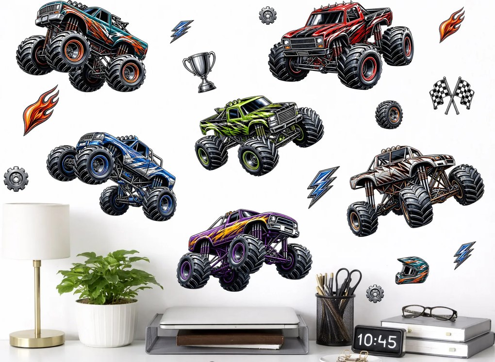 Autá typu monster truck nálepky na stenu do chlapčenskej izby list 45 x 42 cm