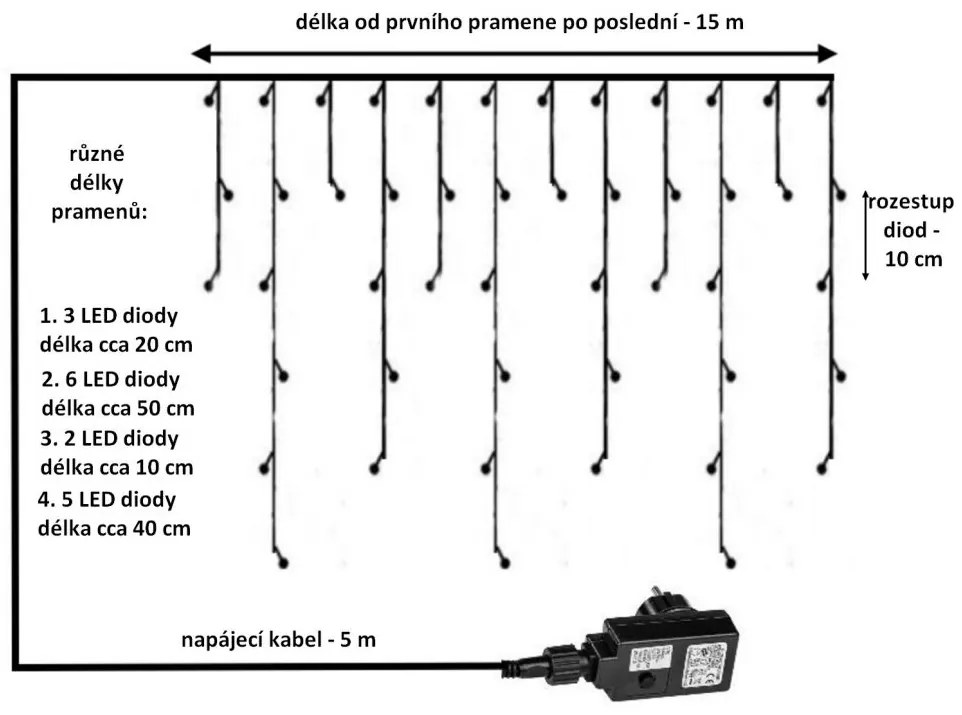 VOLTRONIC svetelný dážď 15 m, 600 LED, teplá biela, ovládač