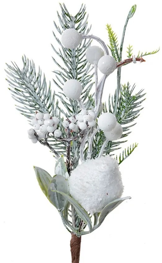 Dekorácia zápich vianočná vetvička s bielymi guličkami - 8*4*26 cm