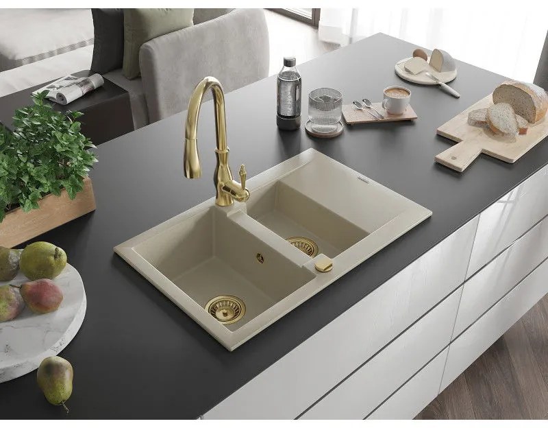 Mexen Gaspar, 1,5-komorový granitový drez 737x475x177 mm a drezová batéria Savita, béžová, 6507-69-672601-50