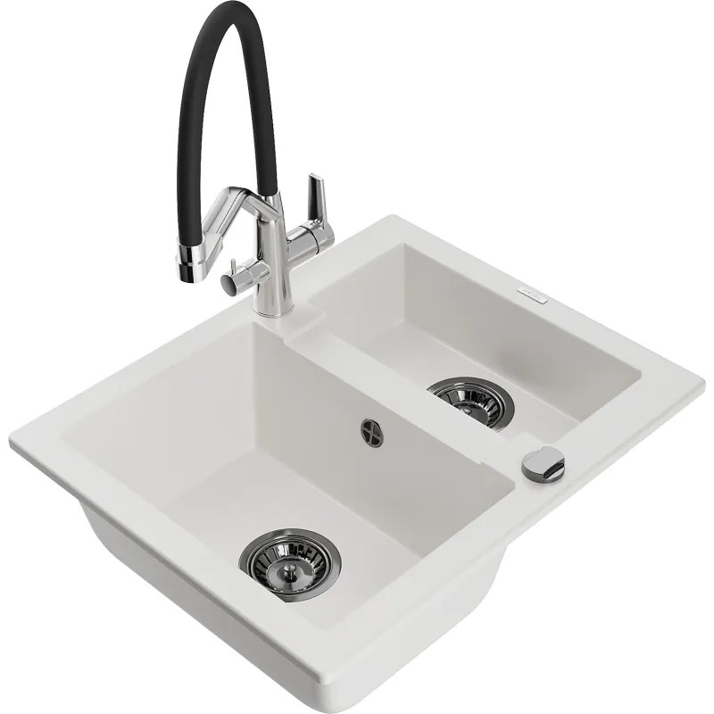 Mexen Carlos, 1,5-komorový granitový drez 582x475x177 mm a drezová batéria Duo, biela, 6518-20-671701-07-B
