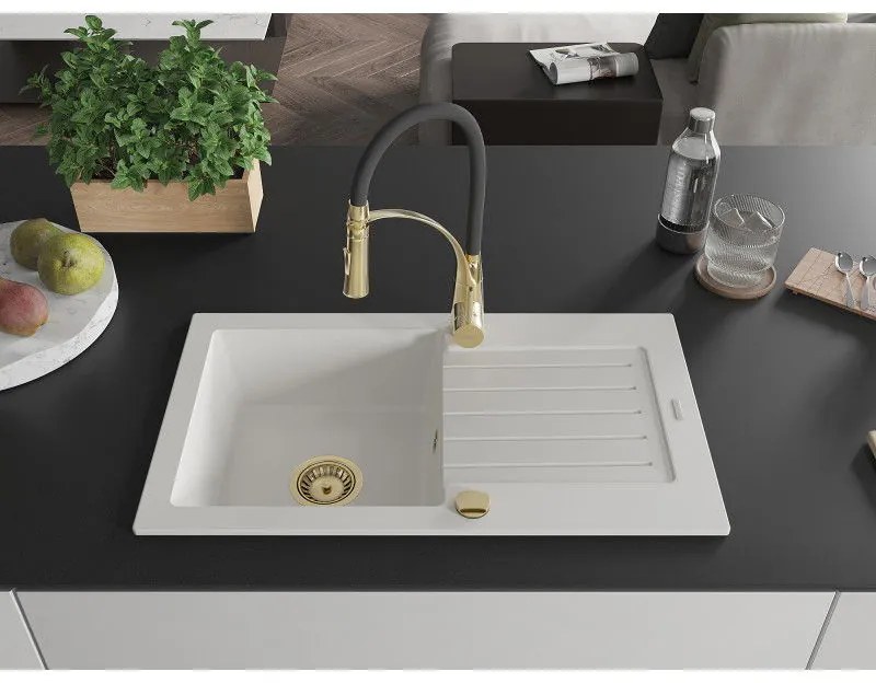 Mexen Pablo, 1-komorový granitový drez 752x436x161 mm a drezová batéria Aster, biela, 6510-20-73450-57-G
