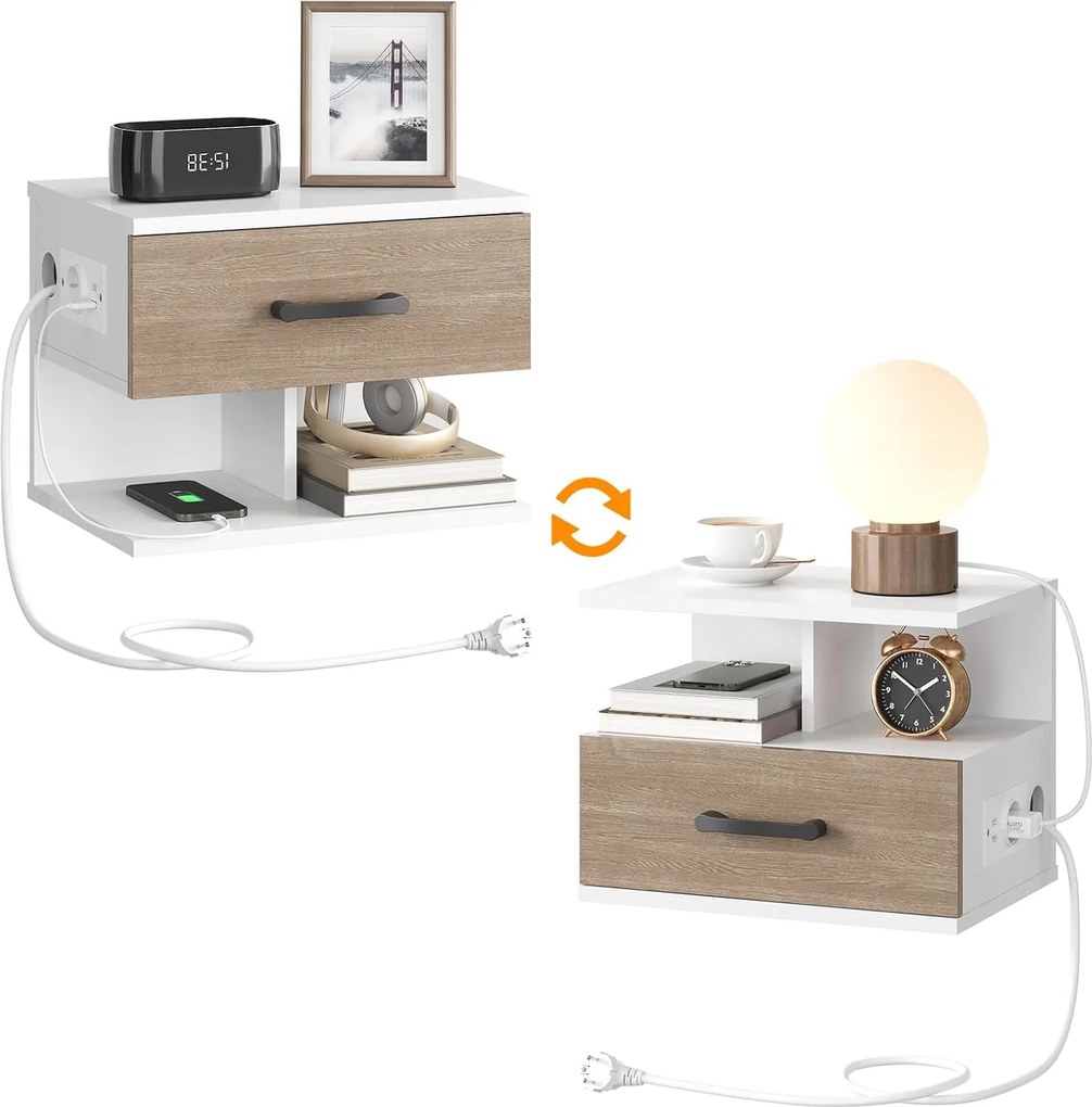 Závesný nočný stolík Verimi s nabíjacou stanicou 38 cm biely/hnedý