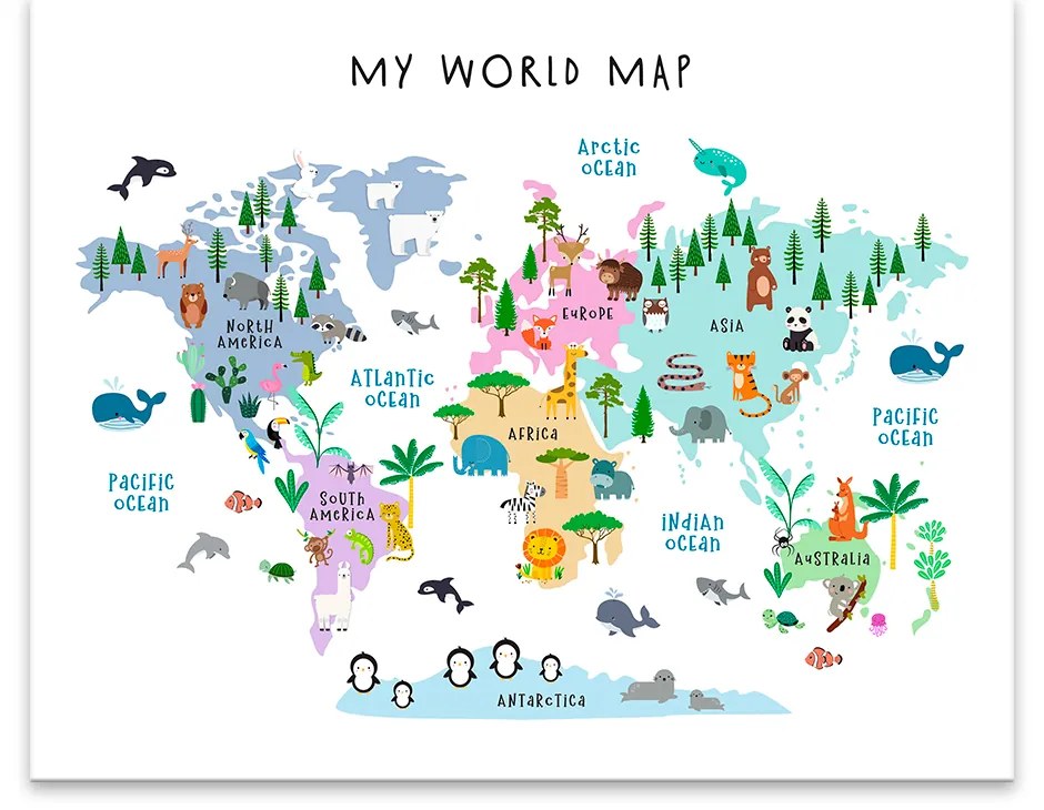 Plagát pre deti - Zvieracia svetová mapa 50x70 cm